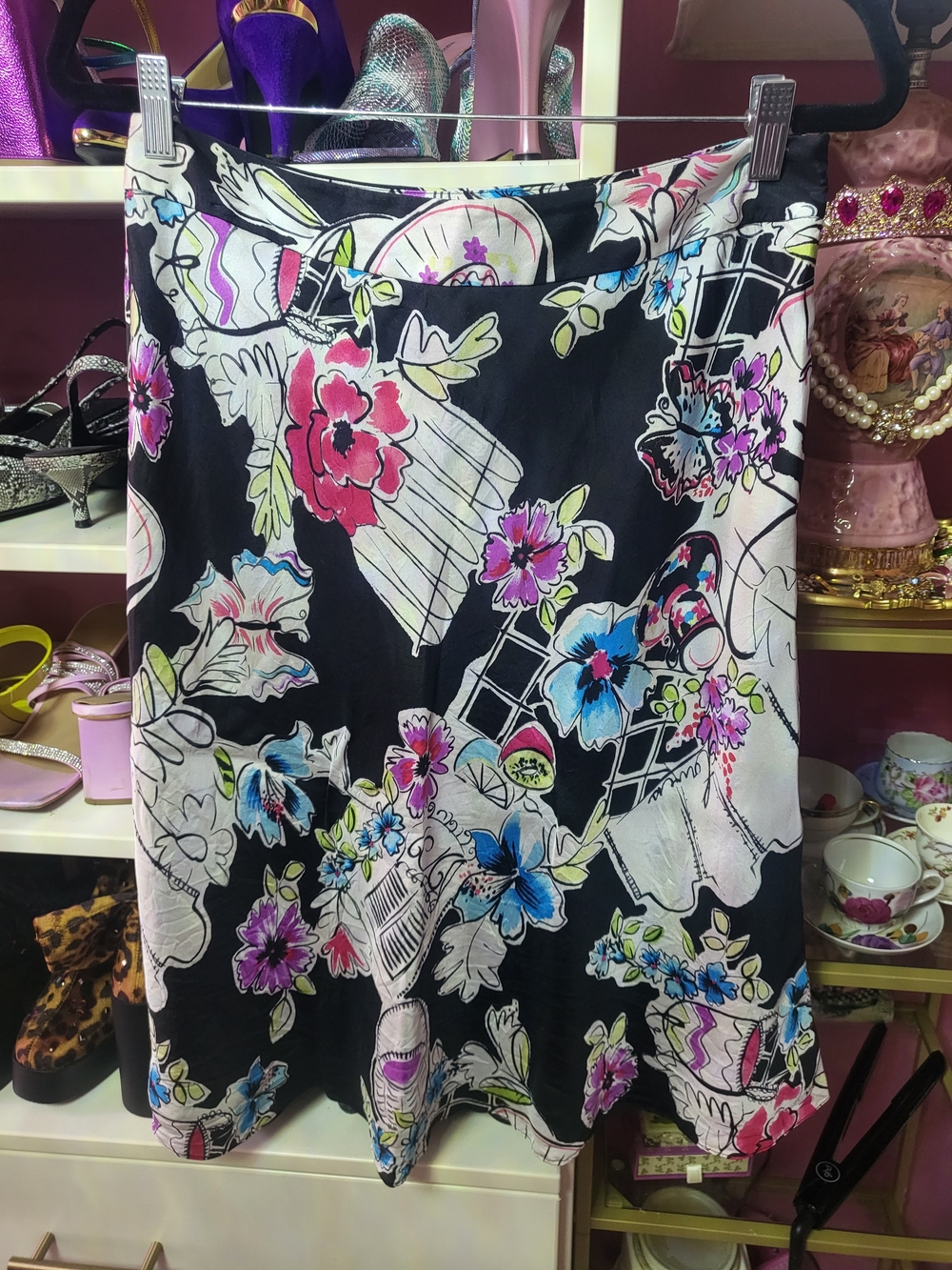 Floral Print A-Line Skirt - Black with Multicolor Flowers